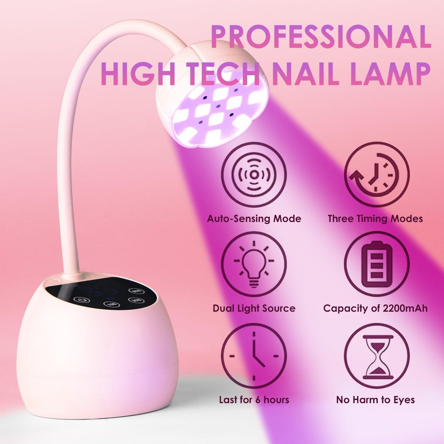 UV Nail Lamp for Gel Nails, 36W UV Nail Light Gooseneck Rechargeable with 4 Time Setting & Smart Auto Sensor for Nail Salon Home Use Lamp,Pink