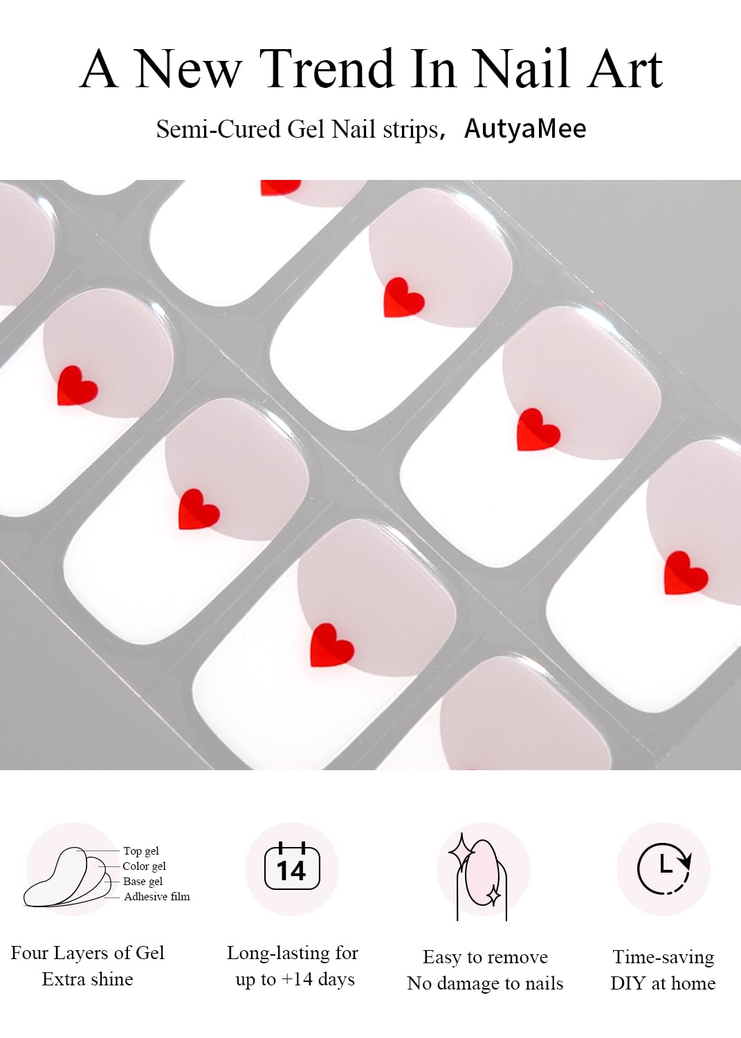 Semi Cured Gel Nail Strips (A White French Love), Red Love, 20 Pcs Gel Nail Wraps, Stickers, UV Light Required, Salon Quality, Long Lasting
