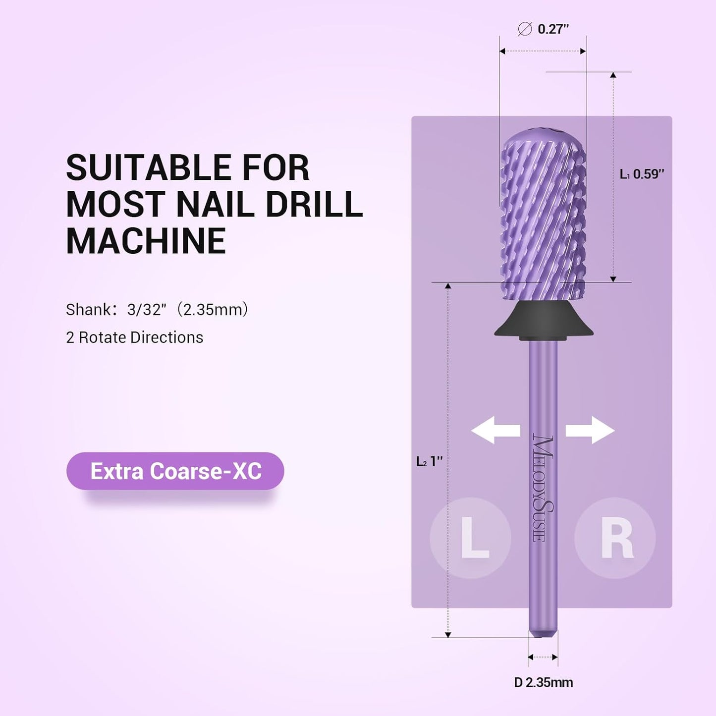 MelodySusie Safety Nail Drill Bits, 3/32'' Smooth Round Top Large Barrel Carbide Bits, Suitable for Manicure Pedicure Cuticle Gel Polishing, Beginners Bits, Purple, Series Bit-S, XC