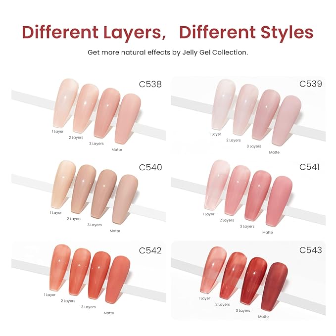 Beetles Jelly Gel Nail Polish Set, 6 Colors Nude Sheer Natural Pink Red Brown Gel Nail Polish Kit for DIY Nail Art Salon Home Gift For Women Girls