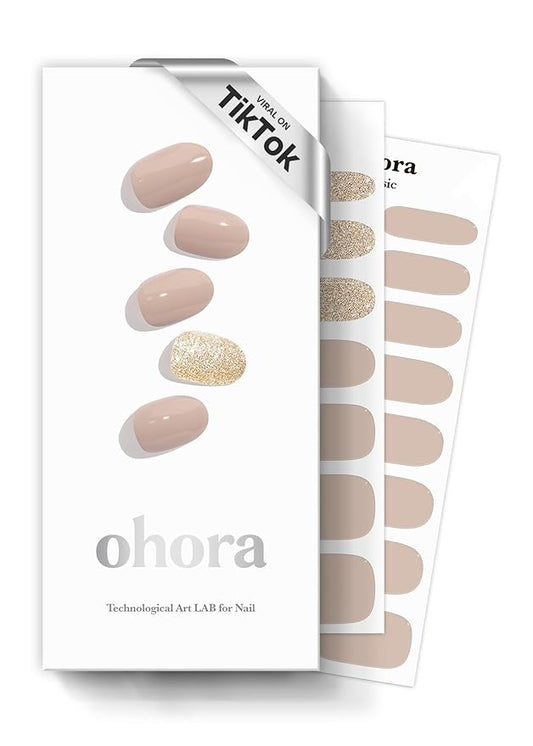 ohora Semi Cured Gel Nail Strips (N Nudist) - Nude, Solid, Works with Any UV/LED Lamps, Salon-Quality, Long Lasting, Easy to Apply & Remove - Includes 2 Prep Pads, Nail File & Wooden Stick