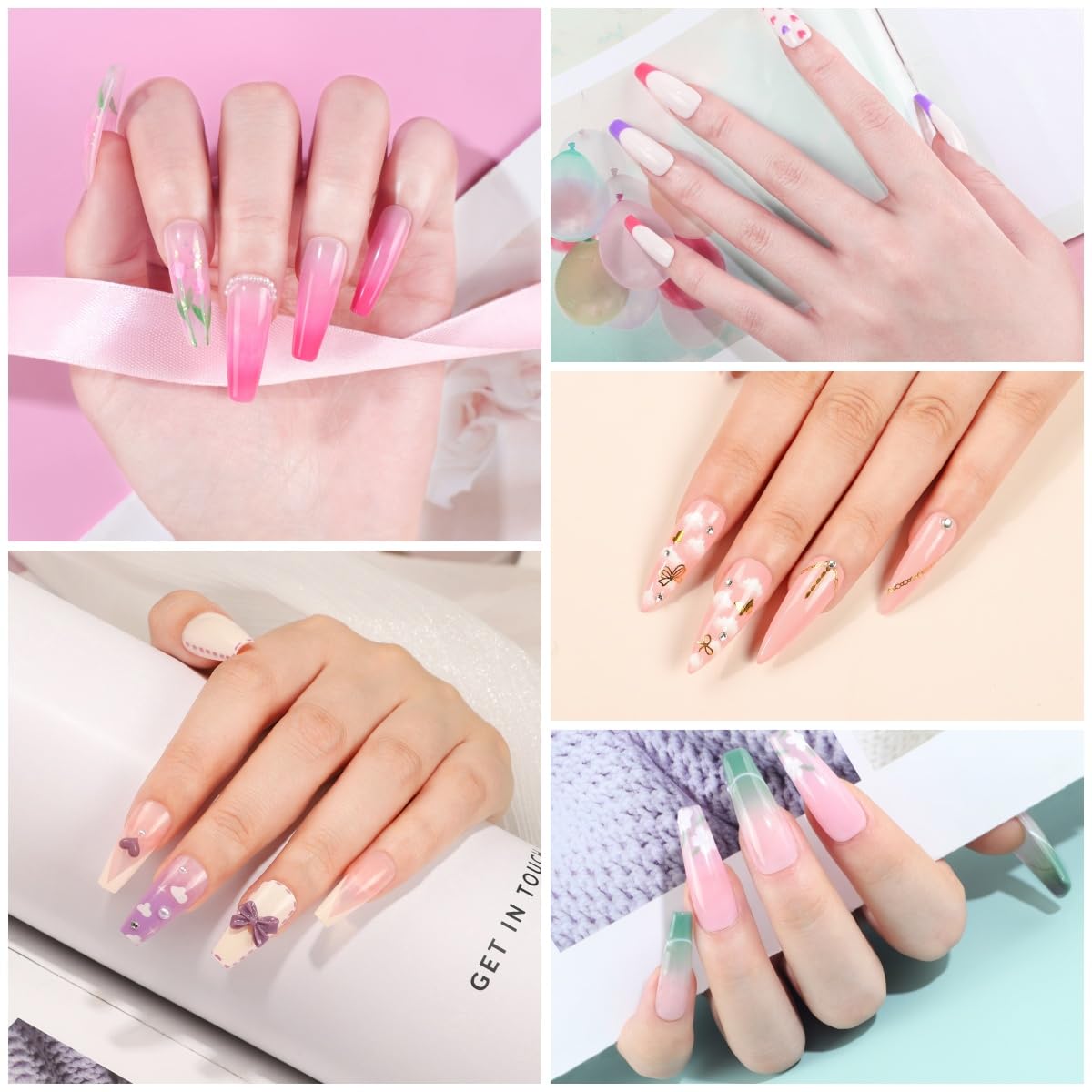 PEACECOLOR Gel Nail Polish Kit with U V Light, 6 Colors White Nude Pink Jelly Sliver Glitter Gel Polish Kit 50PCs False Tips Base Top Coat Nail Art Stickers Manicure Tools Salon DIY Home for Women