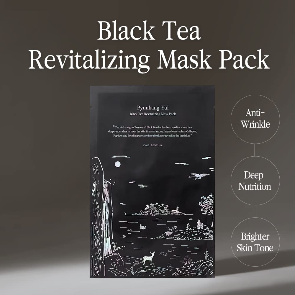 Pyunkang Yul PKY Black Tea Revitalizing Mask Pack with Low Molecule Collagen, Shea Butter, Skin Revival, Elasticity Care, Deep Moisturizing, Korean Face Skin Care Facial Mask Sheet 25ml x 10ea