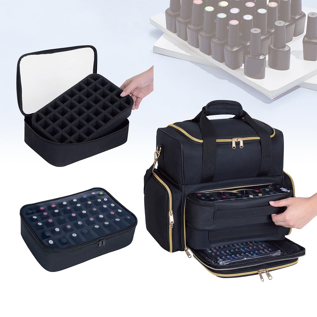 Nail Polish Organizer Case Holds 80 Bottles(15ml/0.5fl.oz) Portable Travel Storage Box with 2 Detachable Bags, Designed for Women's Nail Tools, Essential Oils and Cosmetics Sets(Black)