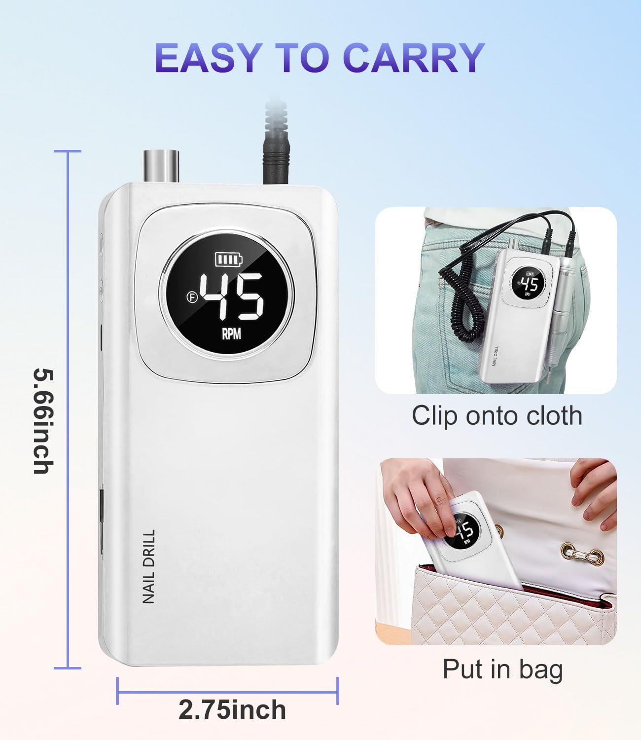 Portable Nail Drill Professional 45000 RPM, Rechargeable Electric Nail File Machine E File for Acrylic Gel Polishing Removing, Cordless E-File with Bits Kit for Manicure Salon Home