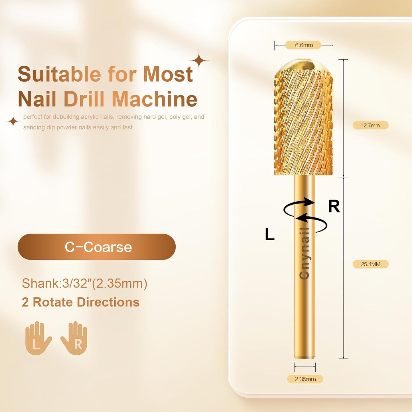 3/32" Large Barrel Smooth Round Top Tungsten Carbide Nail Drill Bit Safety Bit for Gel & Acrylic Removal, 2-Way Rotating Efile Tip, Salon Electric File Accessory (C Grit, Gold)