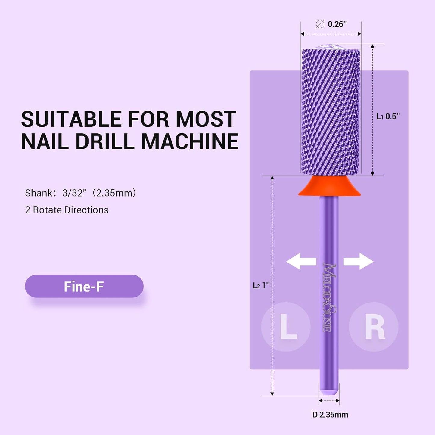 MelodySusie Large Barrel 3/32'' Tungsten Carbide Nail Drill Bit, Crystal Top Purple Heart Shape, Fast Remove Acrylic Gel, Cuticle Gel Polishing for Manicure Pedicure, Purple, Series Bit-S, Fine