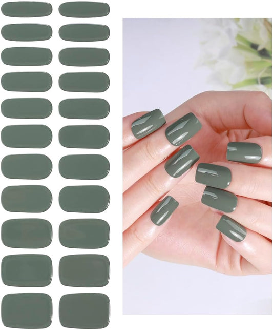 No Lamp Gel Nail Strips 22 Pcs Wraps - Green, Solid, Easy Apply Gel Nail Stickers Long Lasting, Salon-Quality, 2 Prep Pads, 1 File, 1 Wooden Stick