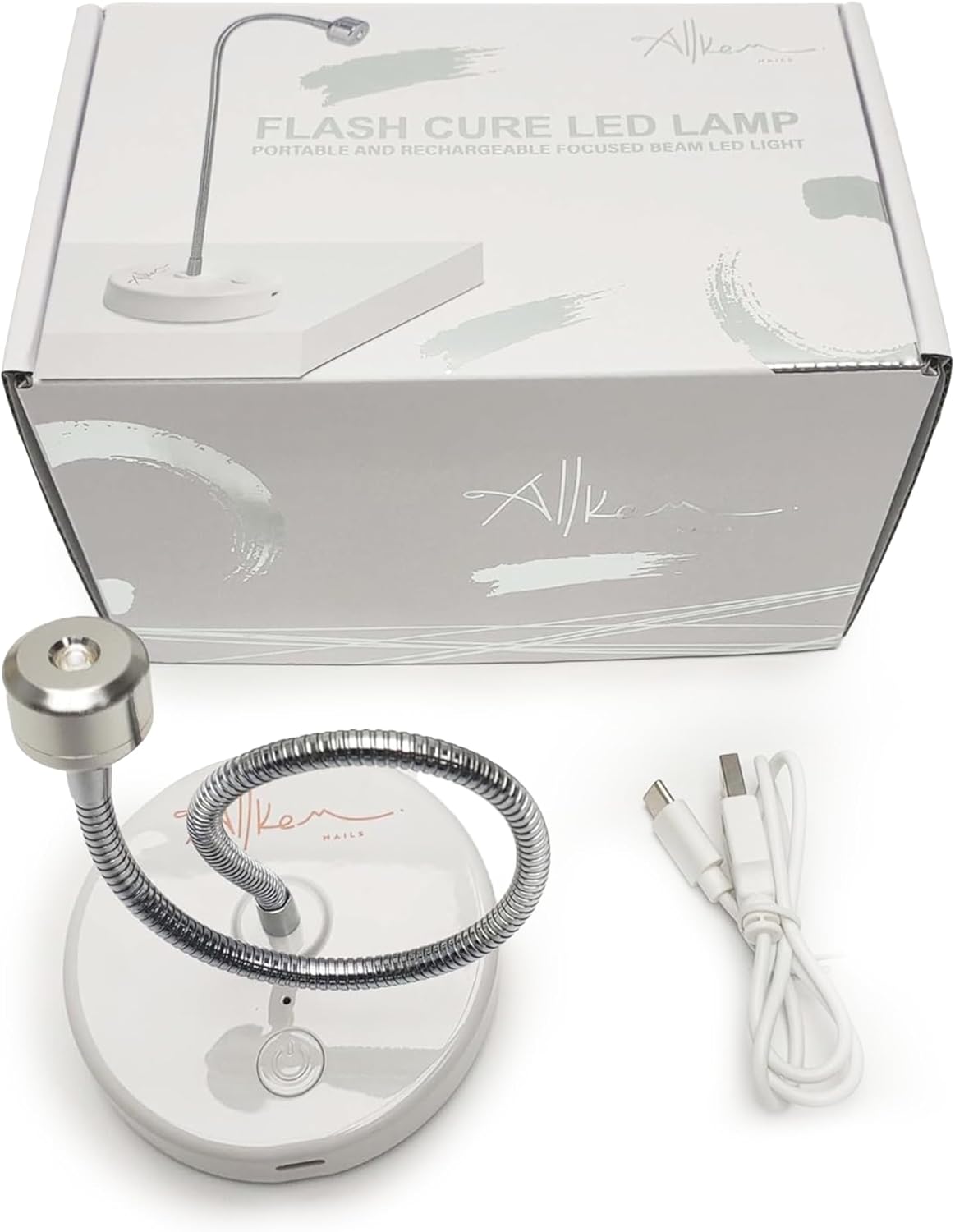 ALLKEM Flash Cure UV Nail Lamp – Gooseneck Gel Nail Light – Cordless Rechargeable LED Curing Lamp for Home & Salon Use – Silver, 3W