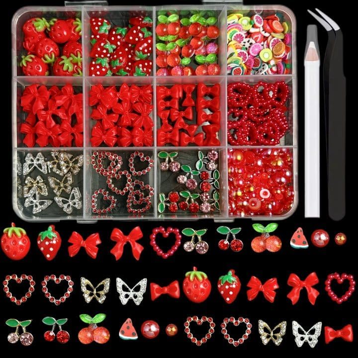 3D Red Bow Nail Charms, Flatback Pearl Charms Resin Strawberry Nails Bows Fruit Charms for Nails, Alloy Cherry Butterfly Nail Art Jewels for Women DIY Accessories