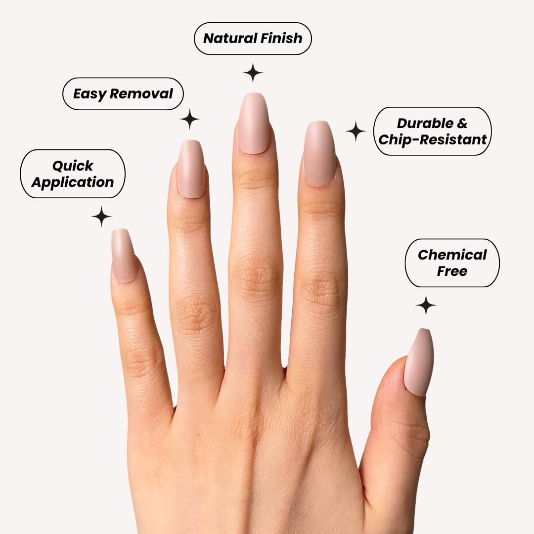 Perfect Look Press On Nails - Bare Blush | No Glue One-Day Short Coffin Nails, Matte Nude Fake Nails with Natural Finish - 24 Pcs Nail Kit with Adhesive Tabs
