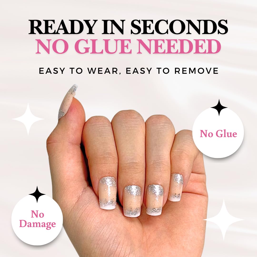 Perfect Look Press On Nails - Sparkle | No Glue One-Day Short Square Fake Nails, Nude Nails with Silver Glitter Tips - 24 Pcs Nail Kit with Adhesive Tabs