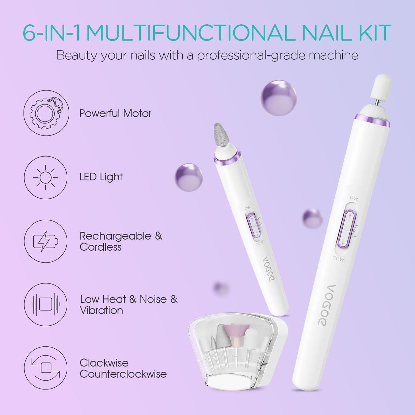 Electric Nail Drill, Cordless Nail File Machine Kit 2 Directions & Speeds for Acrylic, Gel Nails, Rechargeable with LED & 6 Nail Drill Bits for Professional Manicure and Pedicure, Purple ND310