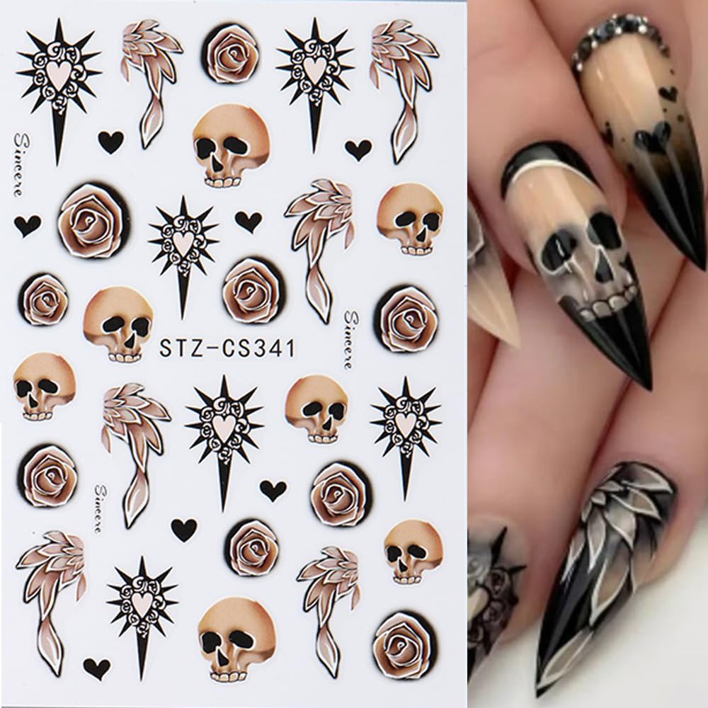 Halloween Nail Art Stickers Decals 3D Skull Mushroom Ghost Halloween Nail Stickers 6PCS Rose Flowers Love Heart Leaf Design3D Self-Adhesive Nail Decals Manicure Supply for Holiday Nail Art Decorations