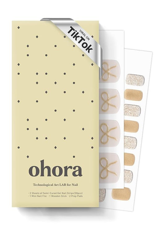 ohora Semi Cured Gel Pedi Strips (P Gold Charlotte) - Works with Any Lamps, Salon-Quality, Long Lasting, Easy to Apply & Remove - Includes 2 Prep Pads, Nail File & Wooden Stick