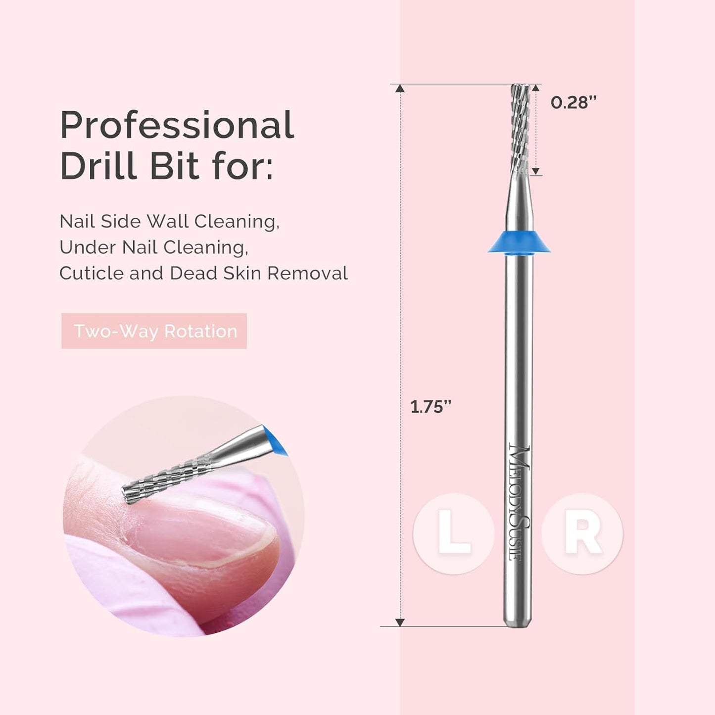 MelodySusie 1.8mm Inverted Tapered R Cut Nail Drill Bit, Professional Safety Carbide Under Nail Cleaner for Cuticle Dead Skin Nail Prepare, Two Way Rotate, Manicure Nail Salon Supply, M, Silver
