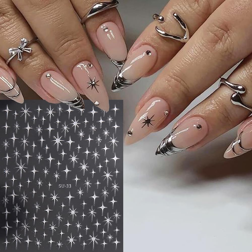 4 Sheets Starlight Star Nail Stickers 3D Glitter Shiny Purple Gold Silver Laser Stars Nail Art Designs Self-Adhesive Nail Decals for Women Girls DIY Manicure Decoration Supplies