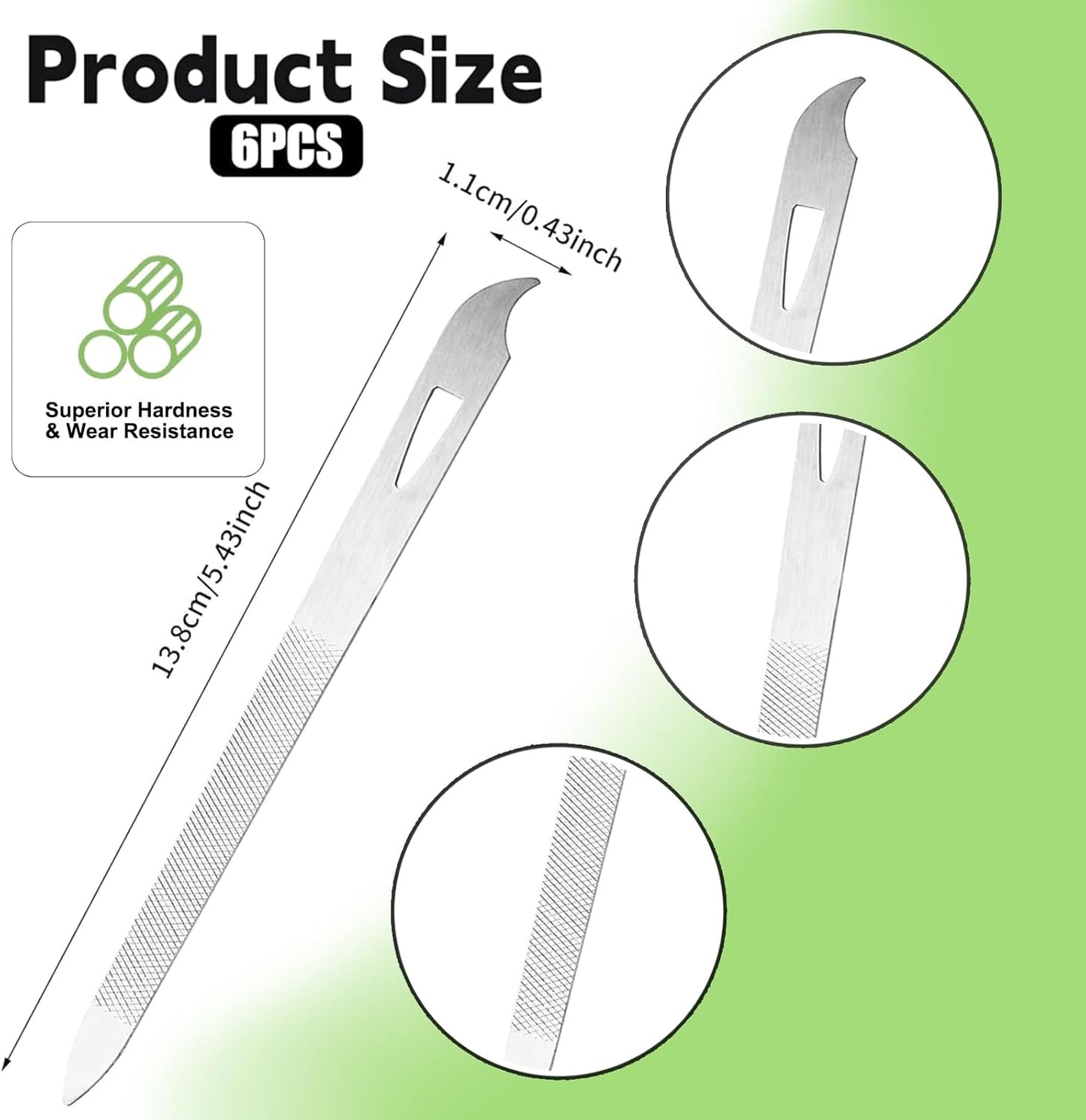 6 Pack Stainless Steel Nail File with Sharp Pointed Tip, Double Sided Metal Diamond Nail Filer for Natural Nails, Manicure Pedicure Tool for Salon Home Travel - 5.5 Inch
