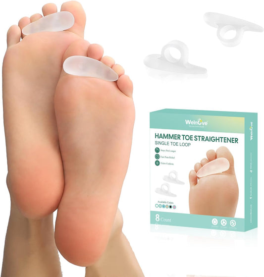Welnove Hammer Toe Straightener Toe Corrector for Women - 8 Pcs Hammer Toe Cushion Pads for Bent, Crooked, Curled, Claw, and Hammer Toes - Soft Support and Realignment(Clear, One Loop Design)