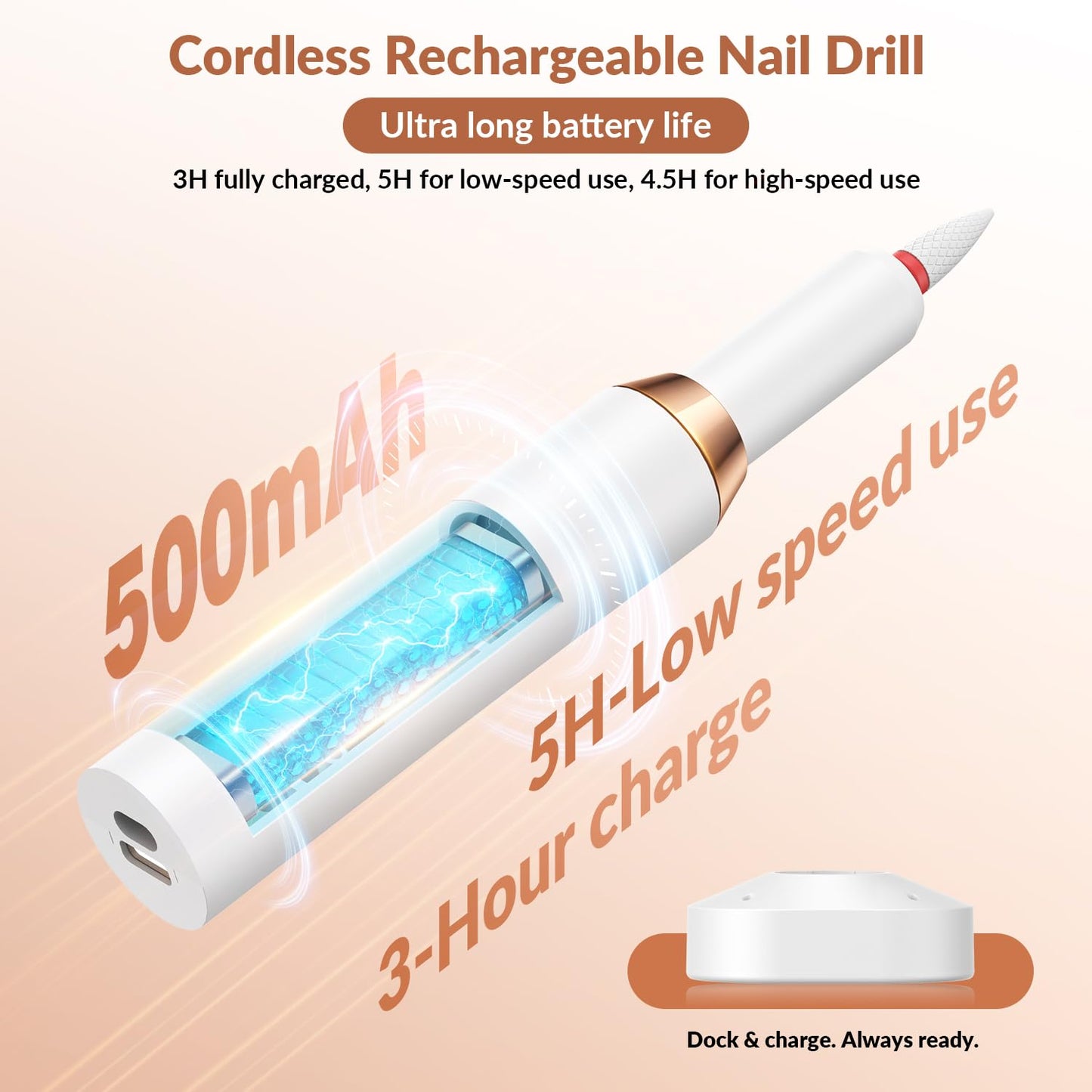 Portable Electric Nail Drill Professional - 30000RPM Cordless Electric Nail File, Manicure Pedicure Kit for Acrylic Nails & Gel Polish Removal, Rechargeable with 12 Drill Bits for Salon and Home