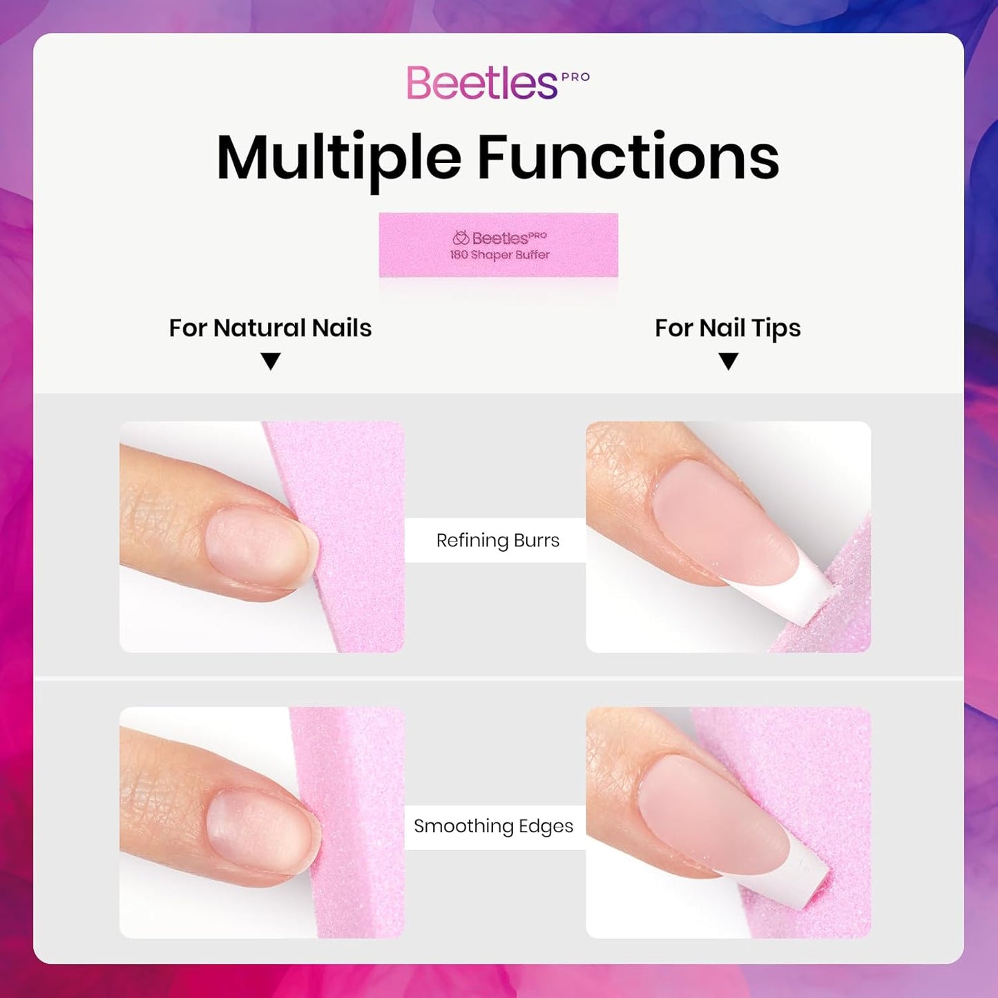 Beetles Nail Buffer Sanding Block 50 Pcs 180 Grit Polisher Buffing File 4 Sides Nail Files Pink Art Pedicure Manicure File for Acrylic Nails and Natural Nails