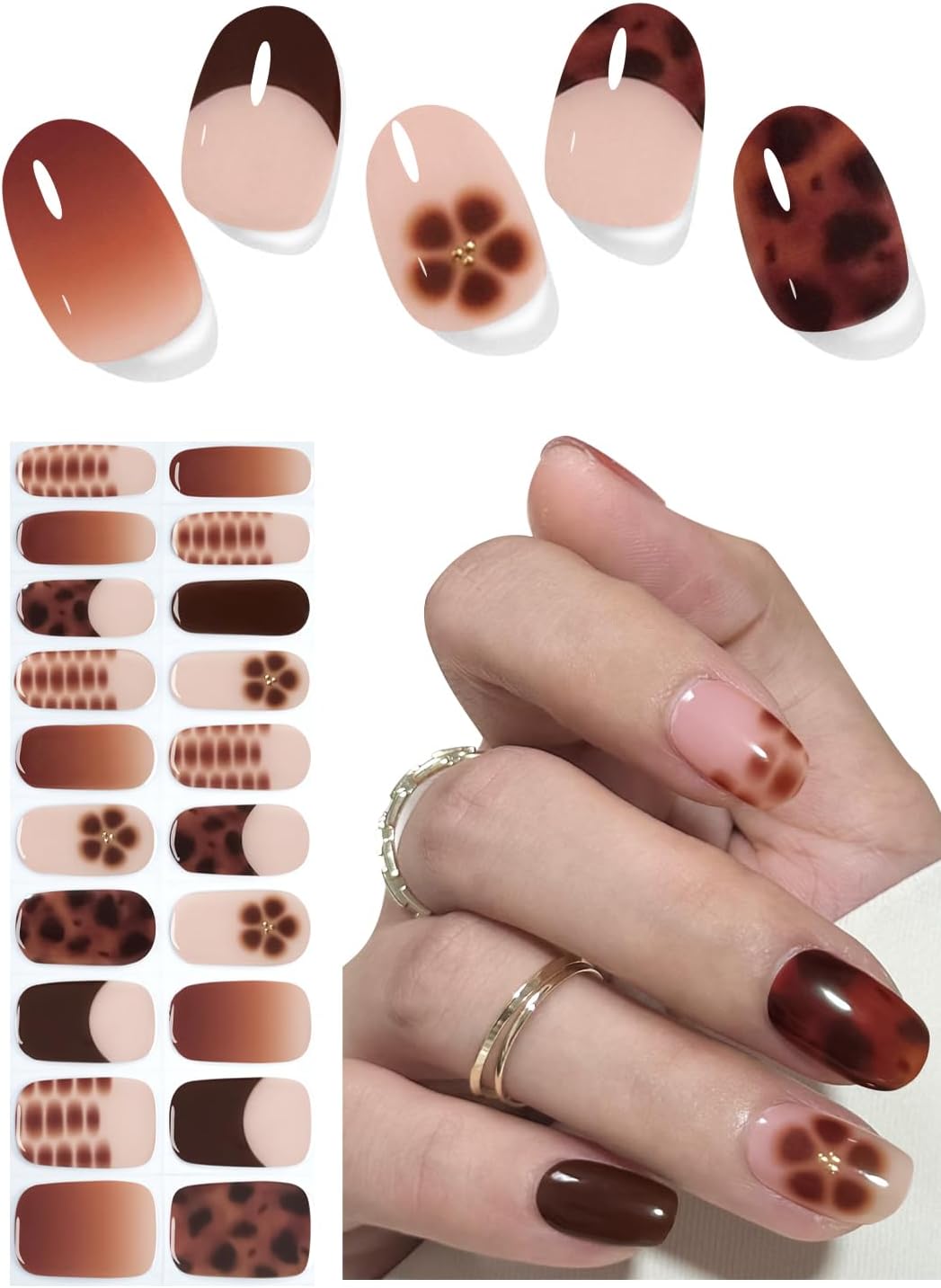 Semi Cured Gel Nail Strips, Khaki Leopard 20pcs Adhesive UV Sticker, Wraps for Home Manicure DIY