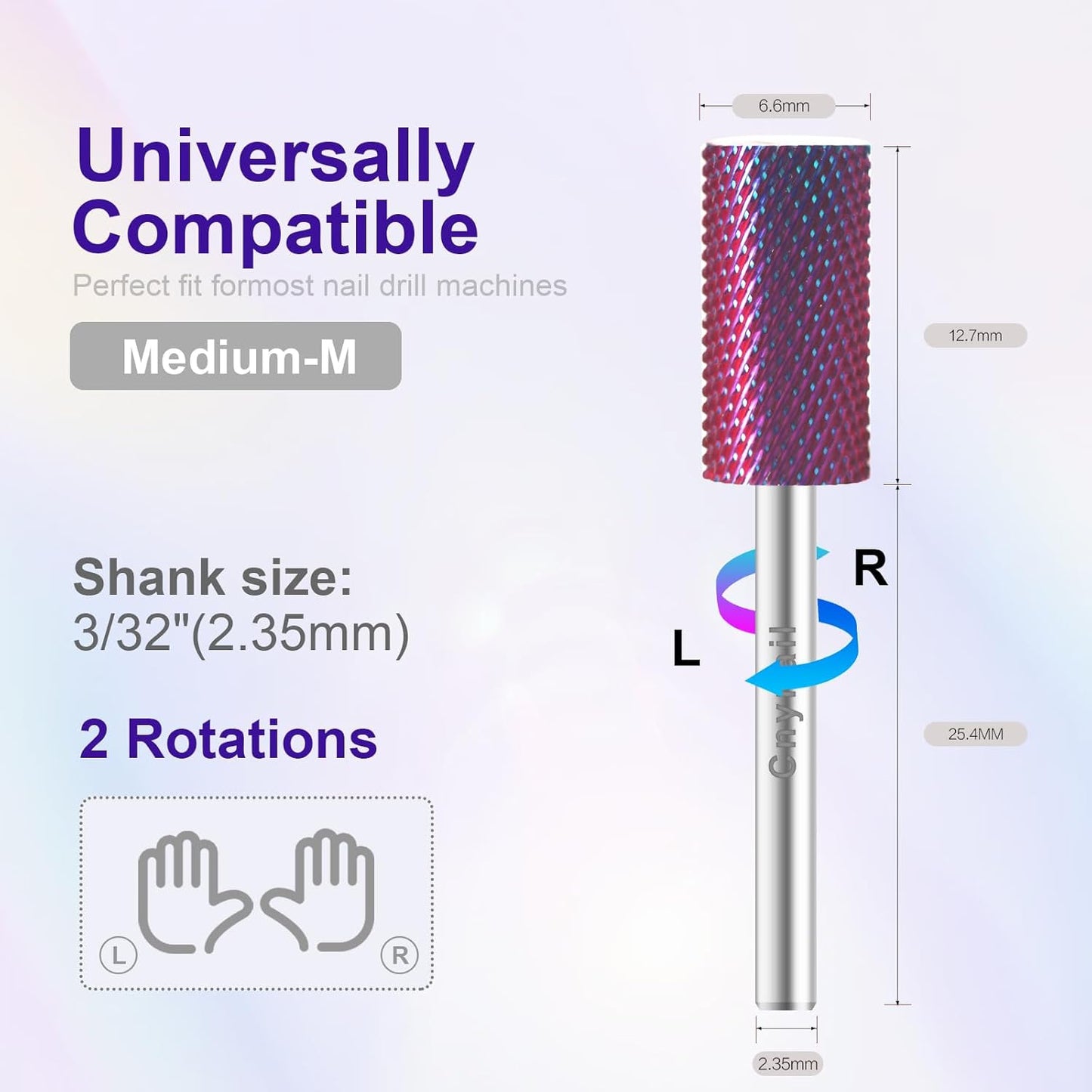 3/32" Large Barrel Bit Tungsten Carbide Nail Drill Bit Safety Bit for Gel & Acrylic Removal, 2- Way Rotating Efile Tip, Salon Electric File Accessory (M Girt, Purple)