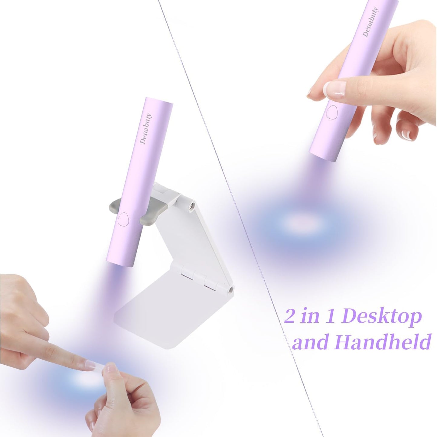 UV Light for Gel Nails, Denabuty Mini U V LED Nail Lamp Handheld with Stand, Portable Nail Dryer Rechargeable USB Cordless, Nail Light with 2 Timers for Fast Drying, Violet