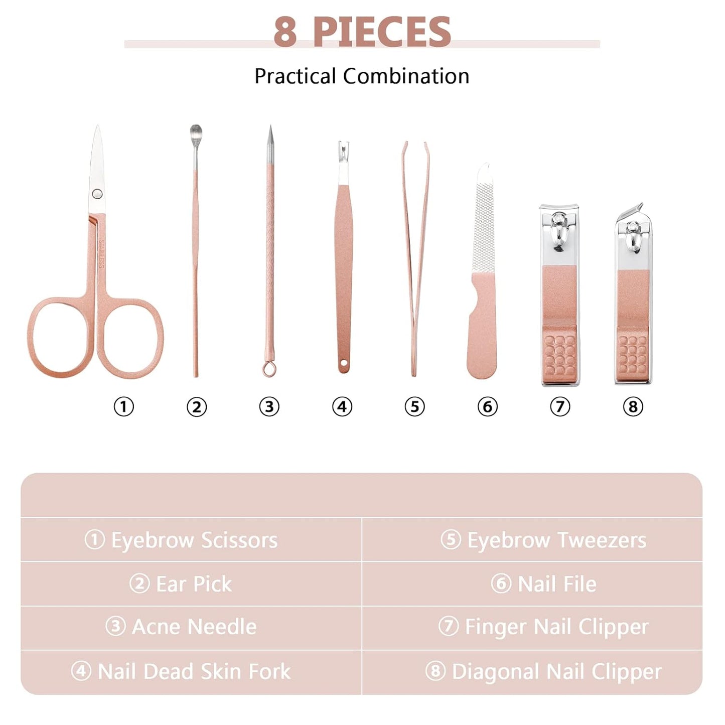 Lasnten 24 Set Christmas Manicure Set Bulk Nail Clippers Grooming Nail Kit Stainless Steel Professional Pedicure Kit Pedicure Tools with Travel Case Gifts for Xmas Men Women(8 in 1,Pink, Rose Gold)