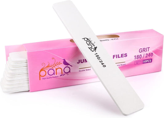 10PCS Jumbo Size PANA Professional Double Sided Nail Files - White, 180/240 Grit - Emery Board Nail Buffering File Manicure Pedicure Nail Polisher Washable