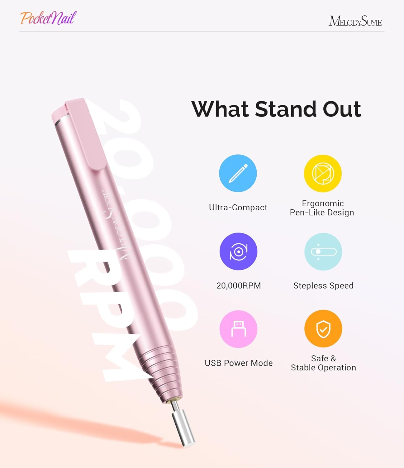 MelodySusie PocketNail Slim Ergonomic Pen-Shaped USB Nail Drill, PC100G 20000RPM Portable Electric File for All Manicure, Pedicure Nail Care, Shaping & Gel Removal at Home for Beginners