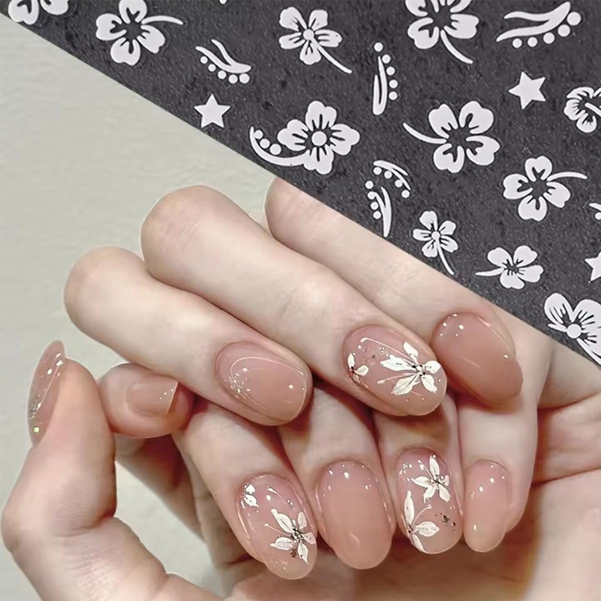 6 Sheets Flower Nail Stickers 3D Metallic Flower Leaf Nails Decals White Silver Gold Floral Nail Art Stickers Self Adhesive Hibiscus Flowers Nail Art Design Sticker for Women DIY Nail Accessories