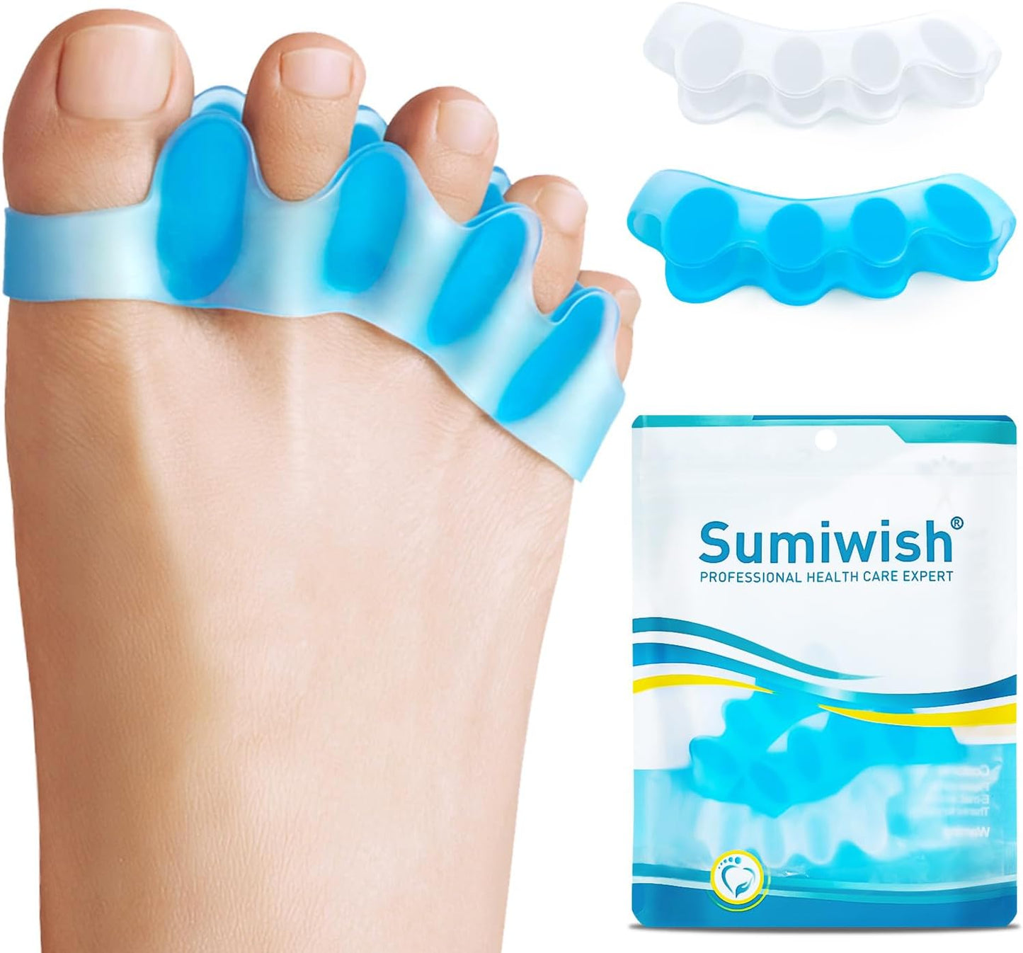 Sumiwish Toe Separators, 8 Pcs Toe Stretcher for Therapeutic Relief from Plantar Fasciitis, (Blue and Clear) Soft Gel Toe Spacers to Correct Bunions, Hammer Toes, Claw Toes -4 Pairs, Soft Material
