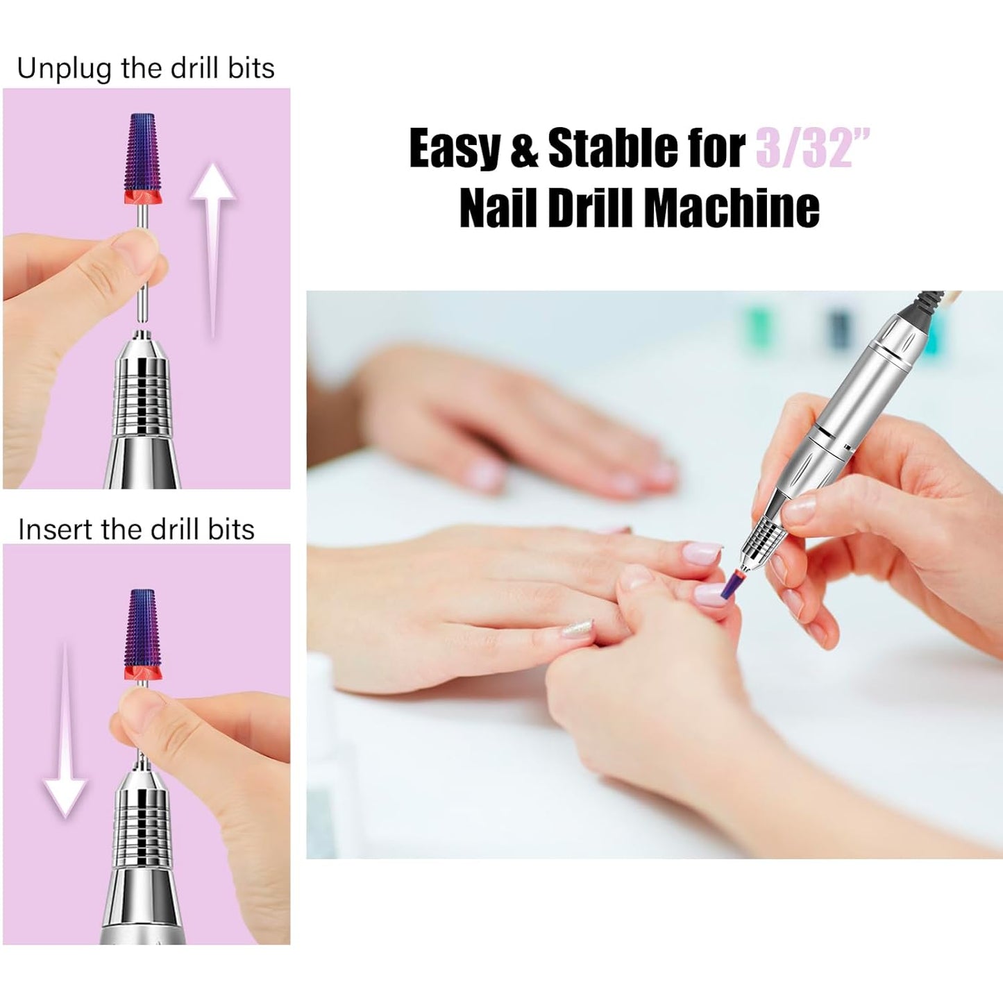 Depvko Super Long 5 in 1 Nail Drill Bits, 3/32'' Carbide Tungsten Bits, Two Way Rotate Professional Advanced Safety Bits for Nail, Fast Remove for Manicure Pedicure (Classic 5in1-Purple, Fine-F)
