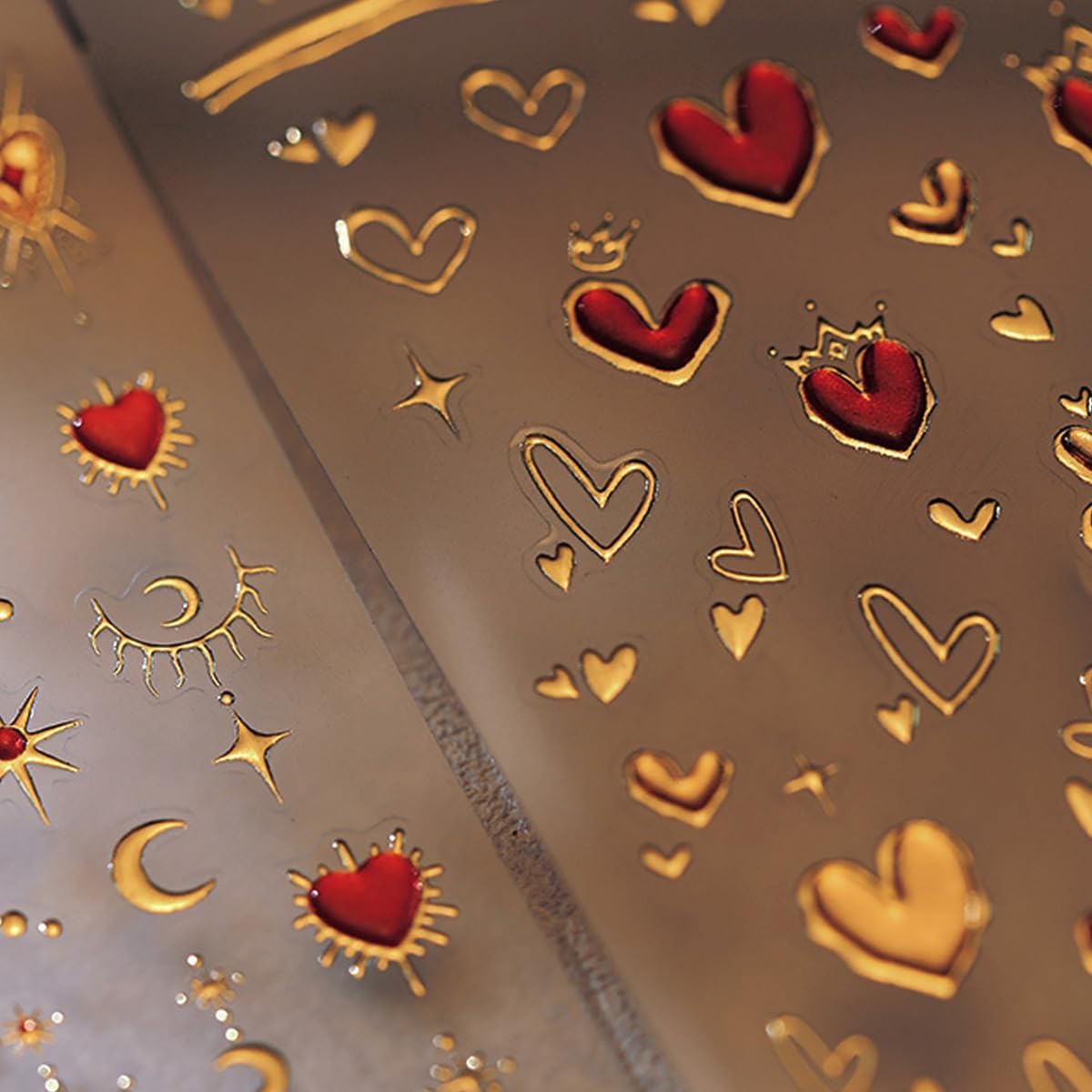 Valentine's Day 5D Heart Nail Art Stickers - Gold, Pink & Bronzing Star Moon Designs for Women & Girls - Self-Adhesive DIY Nail Decals