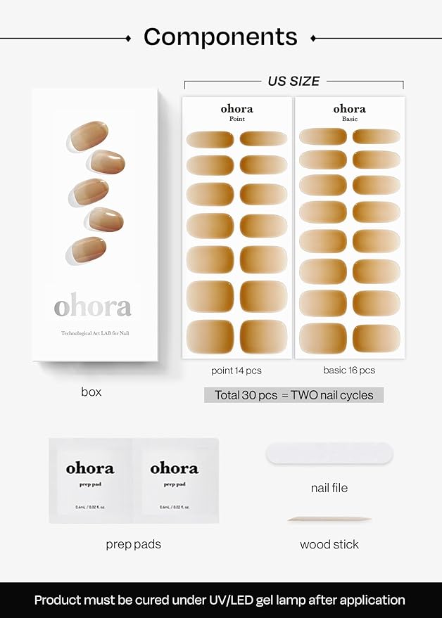 ohora Semi Cured Gel Nail Strips (N Caramel Glaze) - Brown, Ombre, Works with Any UV/LED Lamps, Salon-Quality, Long Lasting, Easy to Apply & Remove - Includes 2 Prep Pads, Nail File & Wooden Stick