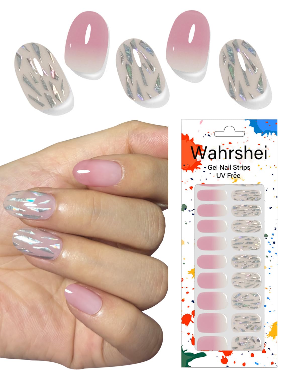 Gel Nail Strips No UV, Laser Sequins, UV Free, Long Lasting Gel Stickers - Contains 22 Wraps, 1 Prep Pad, 1 File