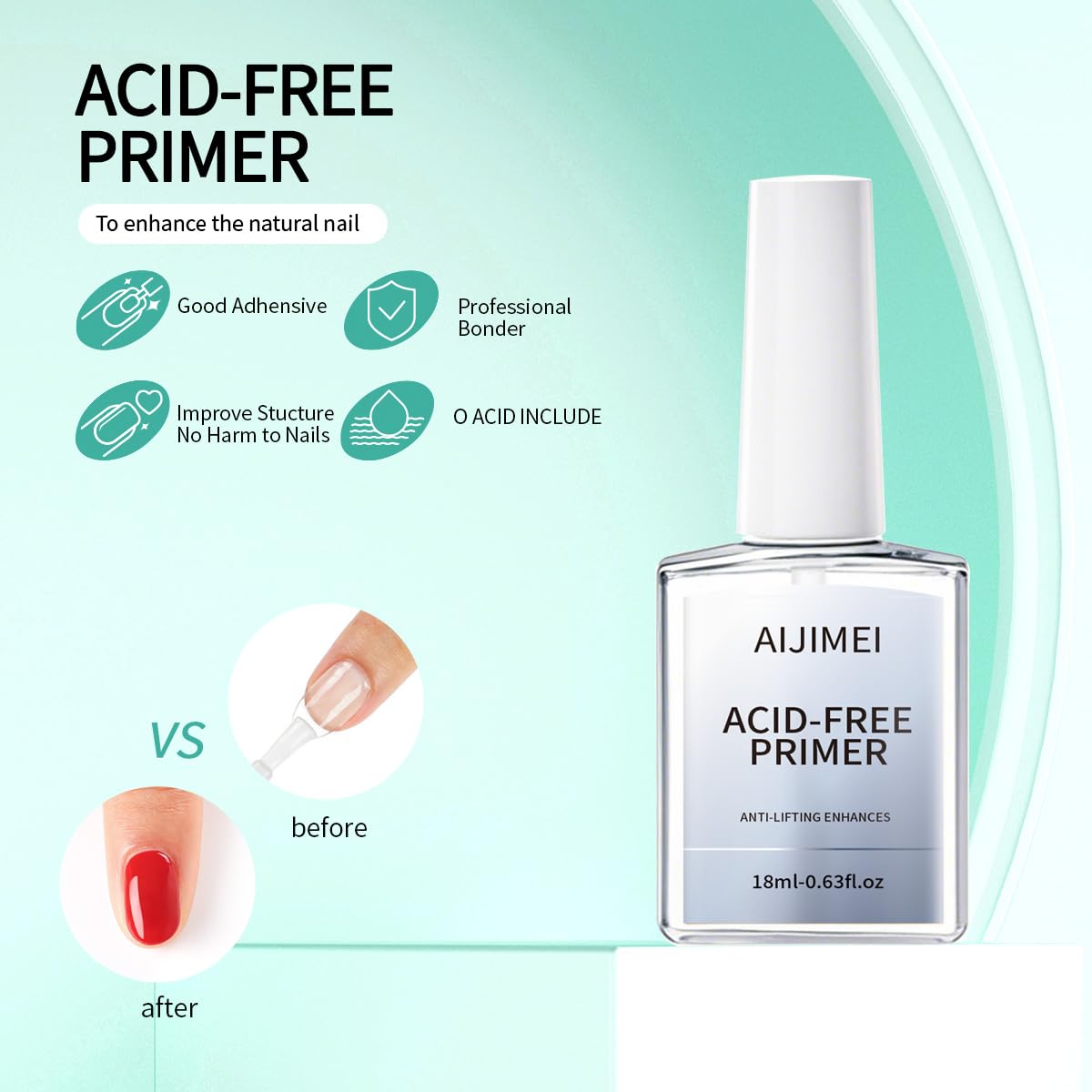 AIJIMEI Professional Natural Nail Prep Dehydrator and Acid Free Primer For Acrylic False Nail Tips Bond Base Coat Gel Nail Polish and Quick Drying Adhesive Dehydration Set（18ml/0.63fl.oz