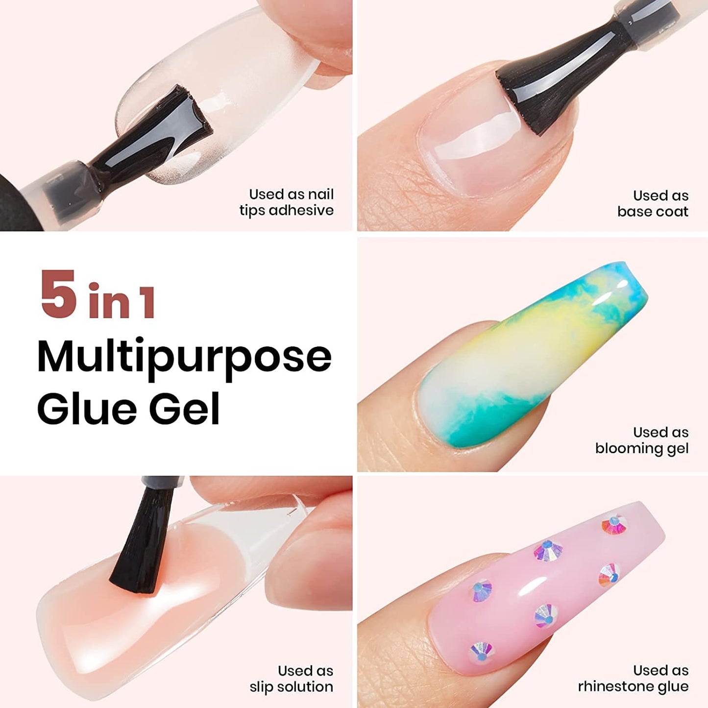 Beetles Gel Nail Glue and No Wipe Top Coat Kit, 2Pcs 15ml 5 In 1 UV Nail Glue for Acrylic Nail Tips Clear Press On Nails, Easy Nail Extension Gel, Soak Off LED Shine Finish DIY Home Manicure