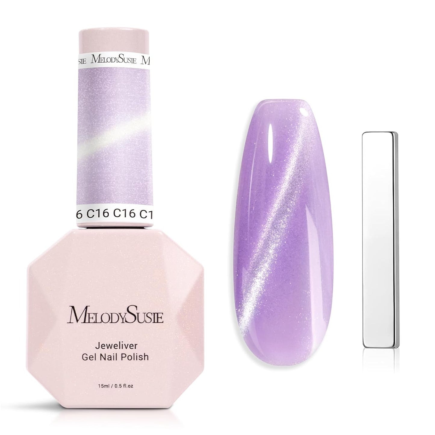 MelodySusie Jeweliver Cat Eye Gel Nail Polish, 0.5 Fl Oz Purple Glitter Holographic Magnetic Nail Polish with Magnet, UV Nail Polish for Nail Art Manicure Salon DIY at Home C16