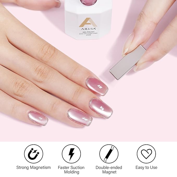 AILLSA Glass Cat Eye Gel Nail Polish, 15ml Pink Glitter Jelly Sheer Gel Polish, Translucent Magnetic Shimmer Sparkle Nail Art U V Salon 0.5 OZ GF36