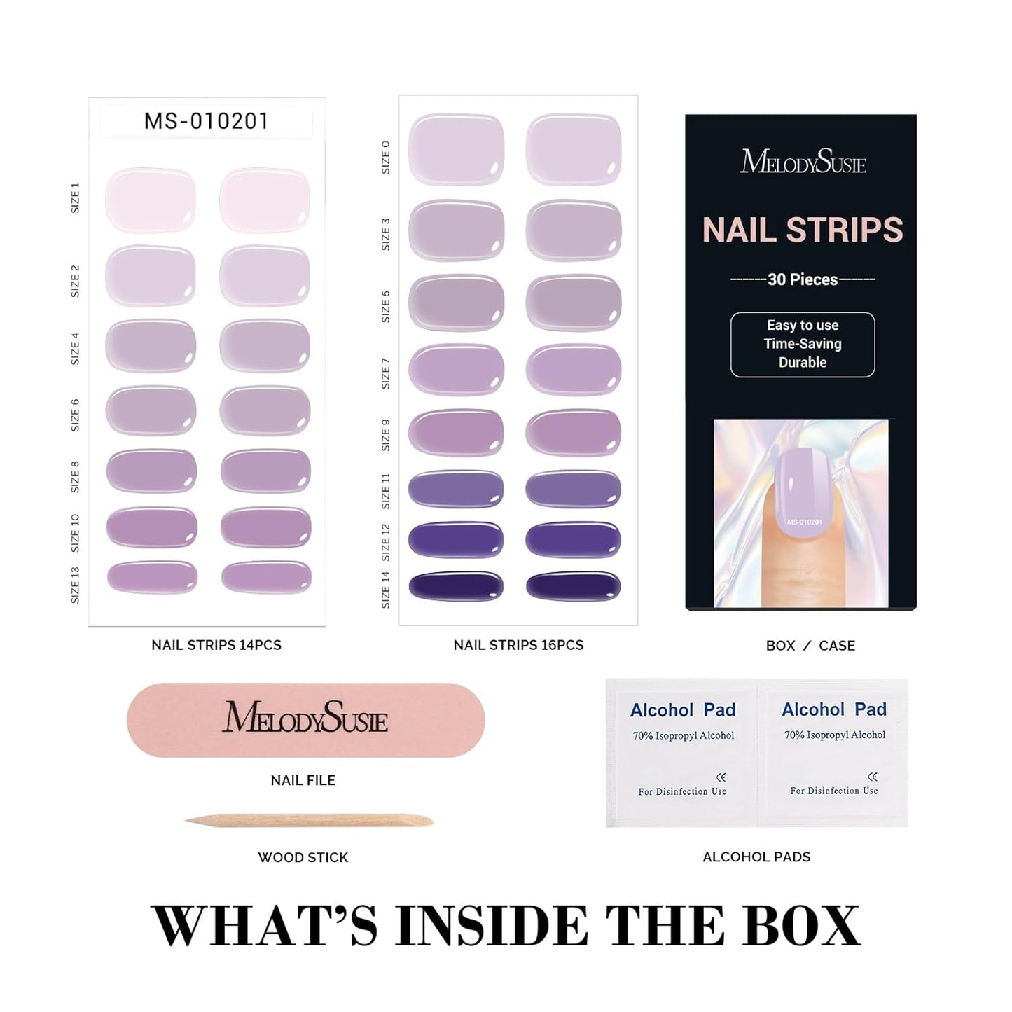 MelodySusie 302PCS Semi Cured Gel Nail Strips (Amethyst Bliss), Works with Nail lamp, Salon Quality, Long Lasting, Easy to Apply and Remove, Includes 2 Prep Pads, Nail File and Wooden Stick