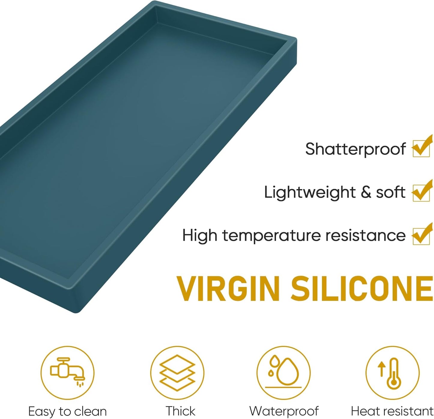 Silicone Vanity Tray - Thickened, Shatterproof Rectangle for Bathroom Counter - Large 10.6 * 5.1 in
