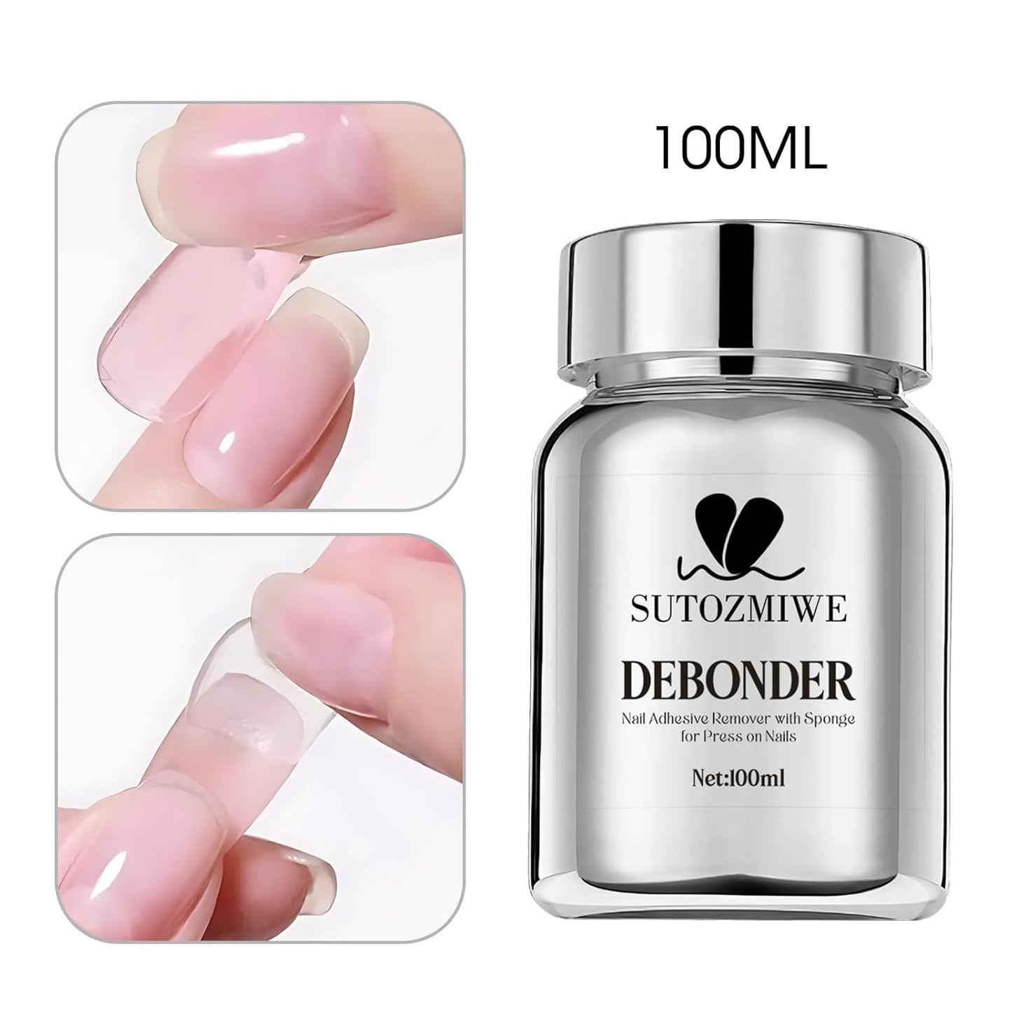 Nail Adhesive Debonder With Pink Heart-Shaped Sponges, Stick Press-on Nail Remover Kit, 100ml Gel Glue Remover False Nail Tips Soaking Solution Nails Reusable