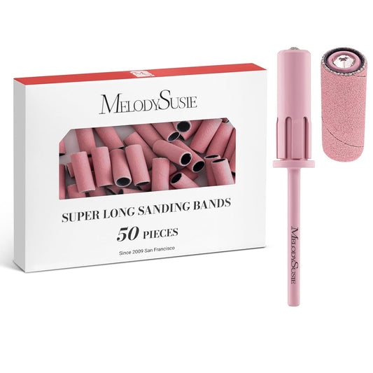MelodySusie 50 Pcs Nail Drill Bits Super Long Sanding Bands with 6.65mm Crystal Mandrel Bit, 240 Extreme Fine Grit Nail File for Acrylic Nails Gel Manicures and Pedicure, Pink