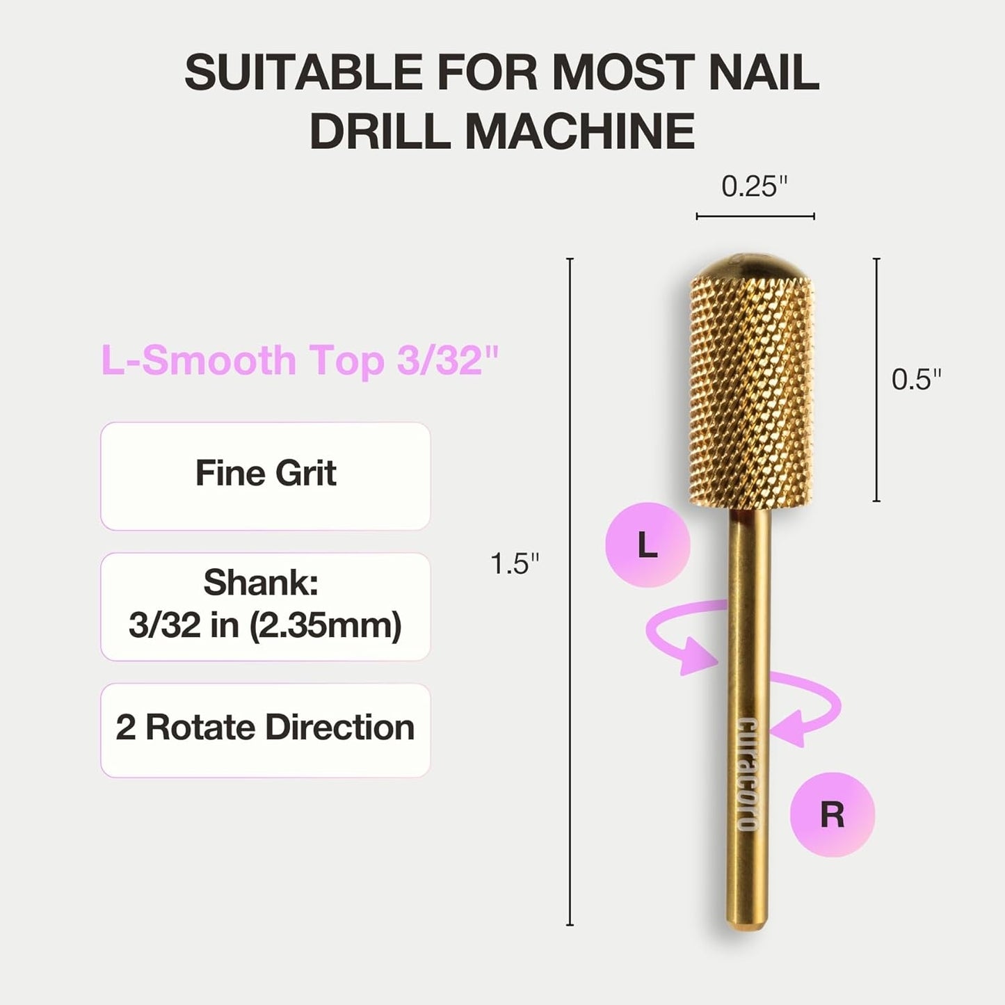 Curacoro Nail Drill Bits 3/32'' - L-Shape Smooth Stop Barrel Carbide Bit (Fine) for Professional Finish, Gently Remove, Buff & Polish Gel Nails, Nail Art Pedicure Manicure Salon & Home