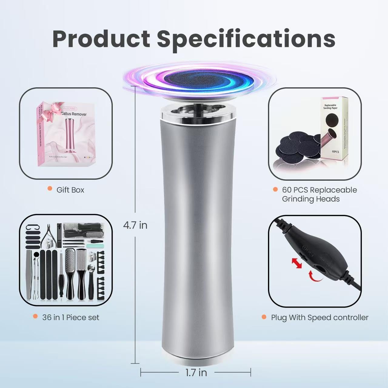 Electric Foot Callus Remover with 36 in 1 Pedicure Kit | Adjustable Speed | Mini Portable | 60 Pcs Sandpaper Discs | Professional Electric Callus Remover for Feet for Dead Skin and Calluses