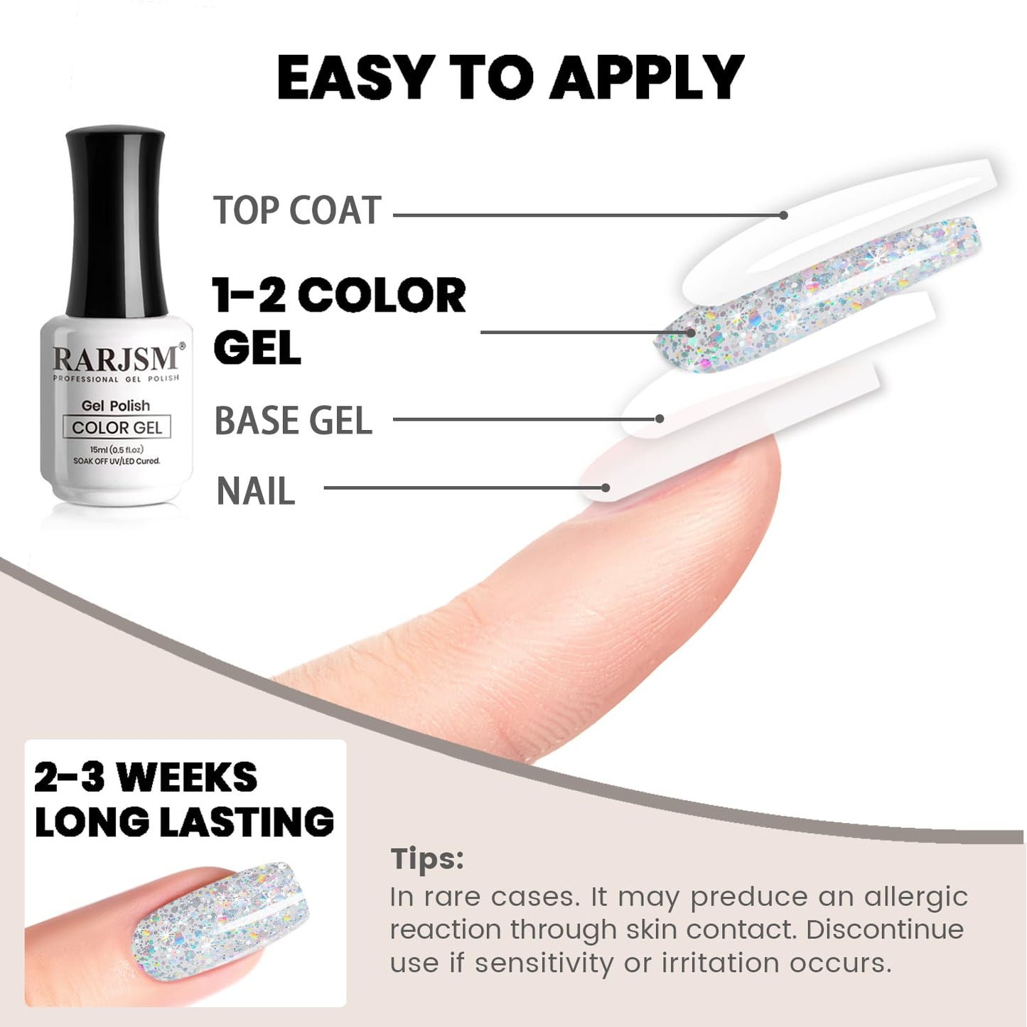 RARJSM Silver Glitter Gel Nail Polish Diamond Gelpolish Silver White Big Flakes Sparkly Chunky Iridescent Pigments Nail Gel Polish Soak off L e d U V Curing Required for Nail Art Salon Manicure