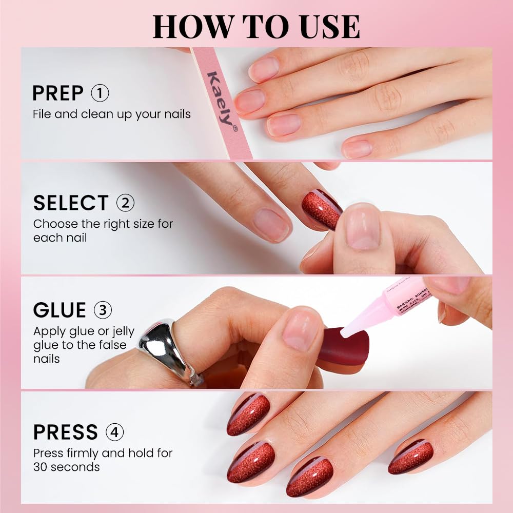 evpct Dark Red Press on Nails Almond Short, Dark Cherry Red Cat Eye Glitter Press on Nails for Women Gift, Soft Gel Press Glue On Nail with Nail Glue, Full Cover, 30Pcs Reusable Acrylic Fake Nails Kit