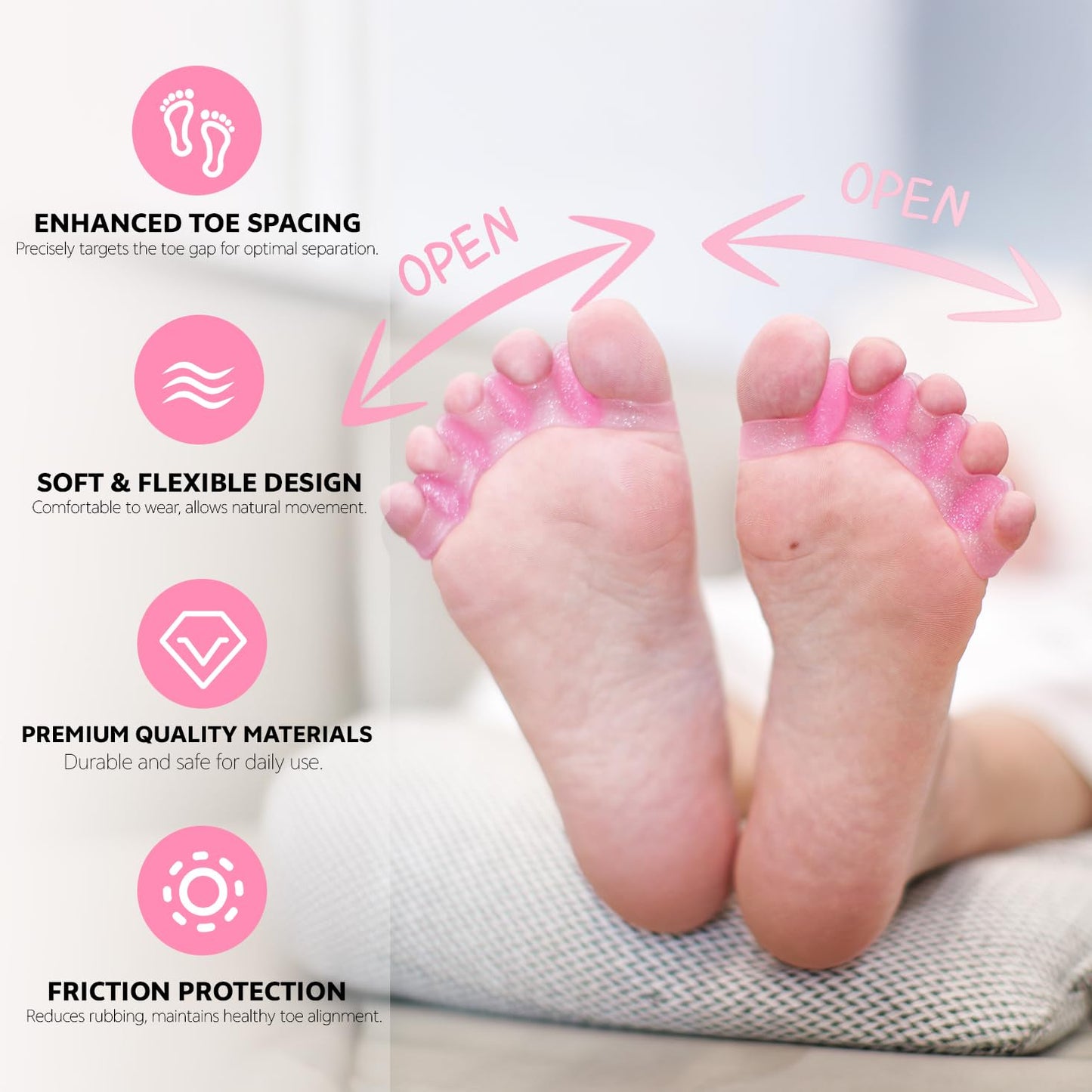 Durable Unisex Toe Separators with Sparkle Design for Yoga & Daily Use - Flexible Silicone toe Spacers for Bunions, One-Size-Fits-All for Men & Women (2PCS) (Pink)